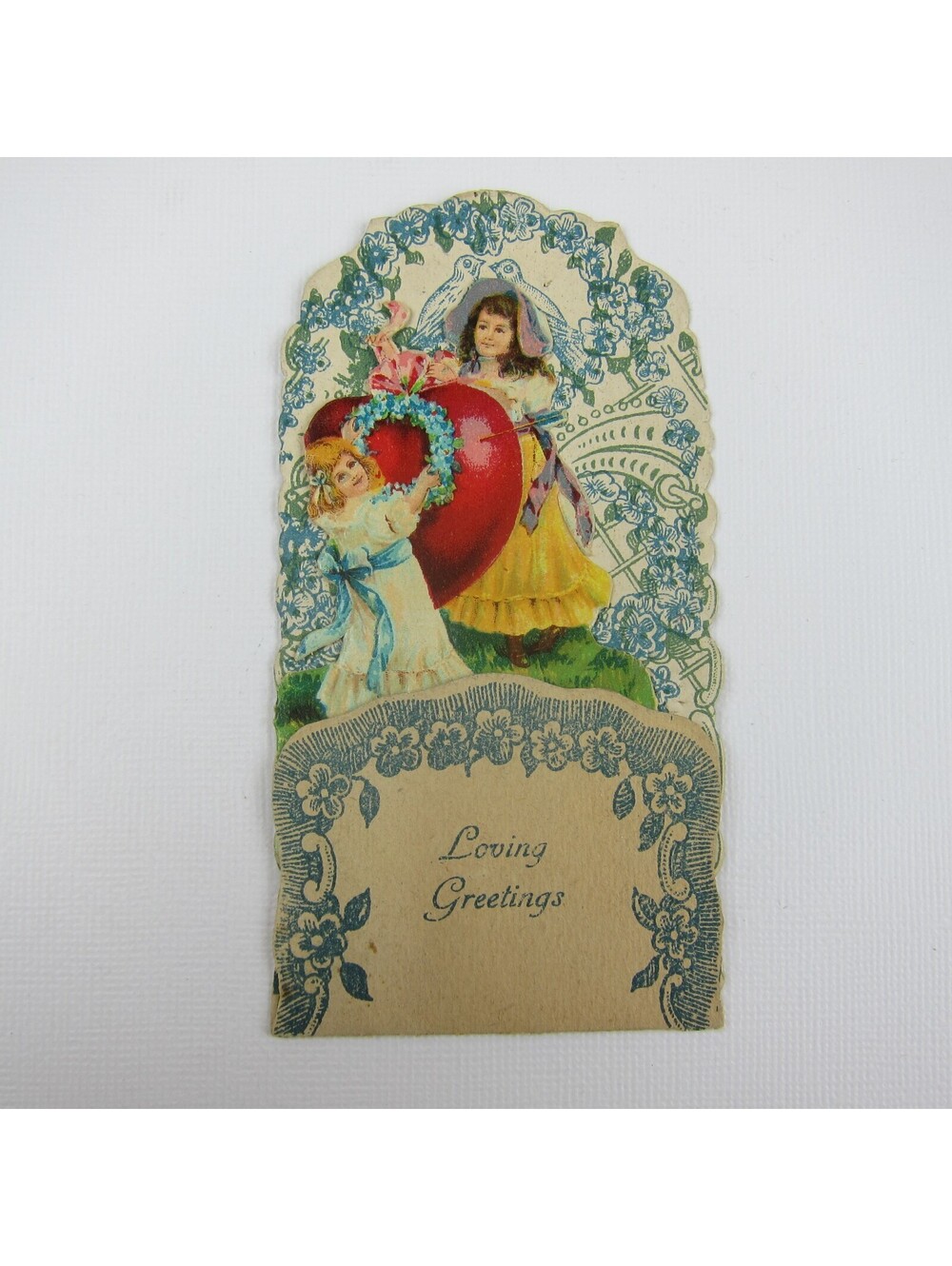 Vintage Valentine 3D Pop Up Die Cut Girls Red Heart Arrow Blue Flowers & Doves